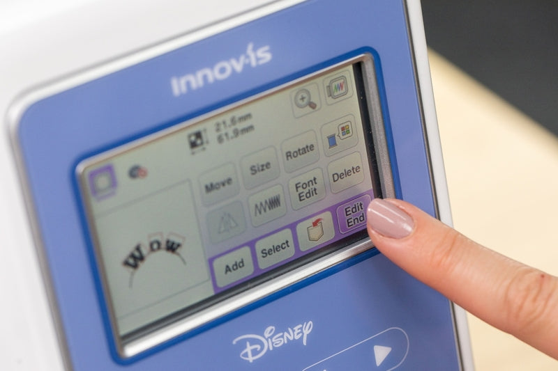 Brother Innov-is M380D: Close-up of LCD colour touch display demonstrating configuration of "My Custom Stitch" feature