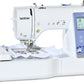 Brother Innov-is M380D: frontal view of the sewing and embroidery machine with embroidery hoop loaded on work area. 