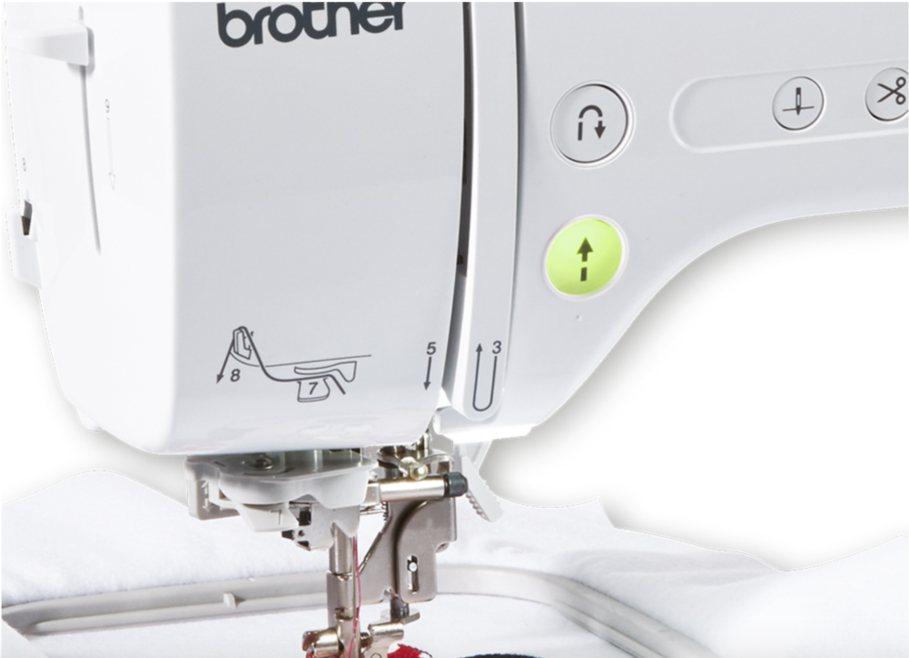 Brother Innov-is M380D: Close-up of machine head with easy to thread guides and one-touch button controls