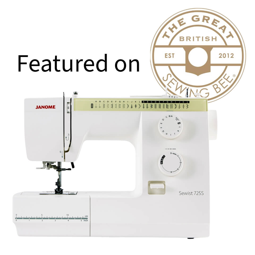 Janome Sewist 725S sewing machine, prominently displayed with a badge stating 'Featured on THE GREAT BRITISH SEWING BEE', indicating its highlighted appearance on the popular TV programme.
