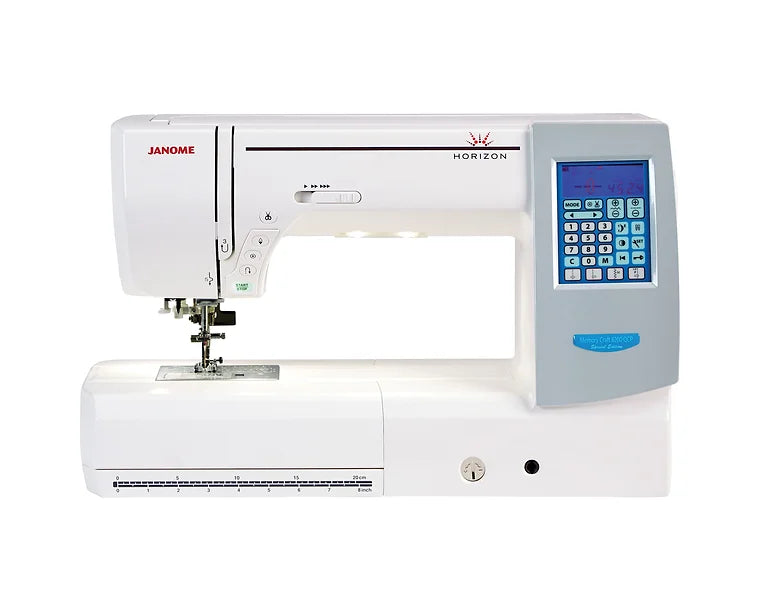 Janome Memory Craft Horizon 8200QCP sewing and quilting machine, white with interactive LCD screen, marked flatbed, and brand logo