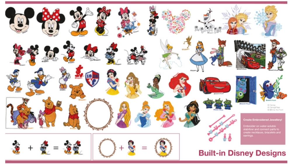 Illustration of the pre programmed Disney embroidery designs included in the Brother Brother Innov-is M380D Sewing & Embroidery Machine
