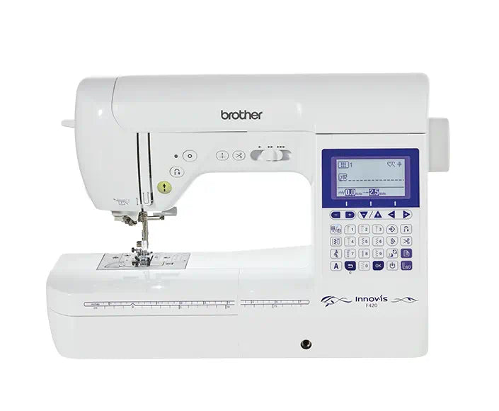 Brother Innov-is F420 sewing and quilting machine with LCD display and intuitive control panel, showcasing built-in stitch patterns and machine branding.