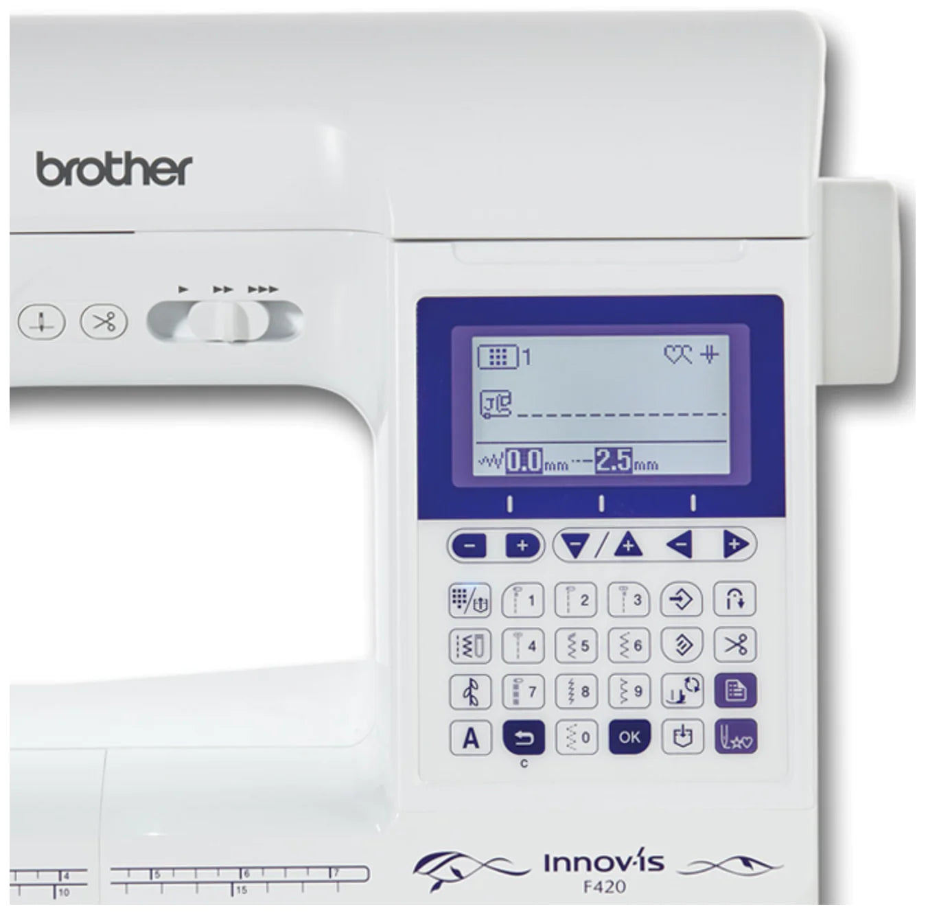 LCD display of the Brother Innov-is F420 sewing machine, featuring stitch options and settings on the user-friendly interface, with the machine’s model number visible.