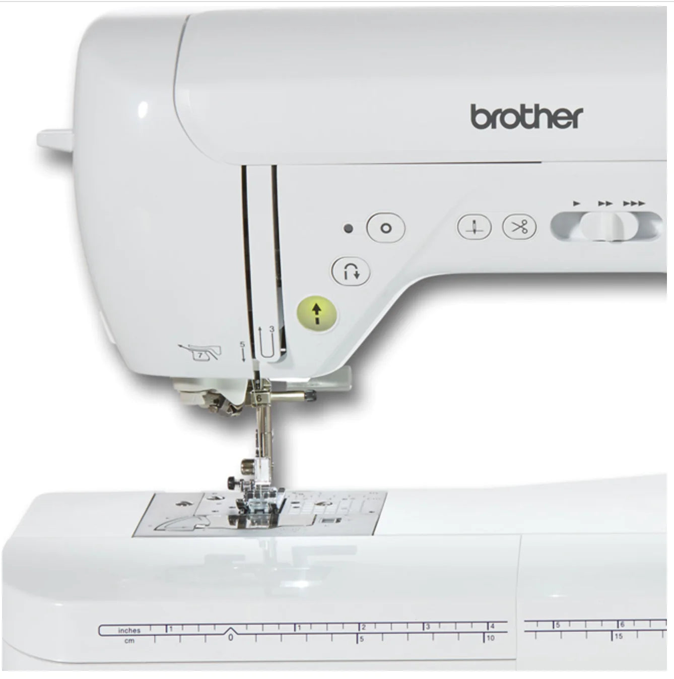 Close-up view of the Brother Innov-is F420 sewing machine's stitching area, needle, and thread guide, with easy-to-use function buttons and stitch selection keys.