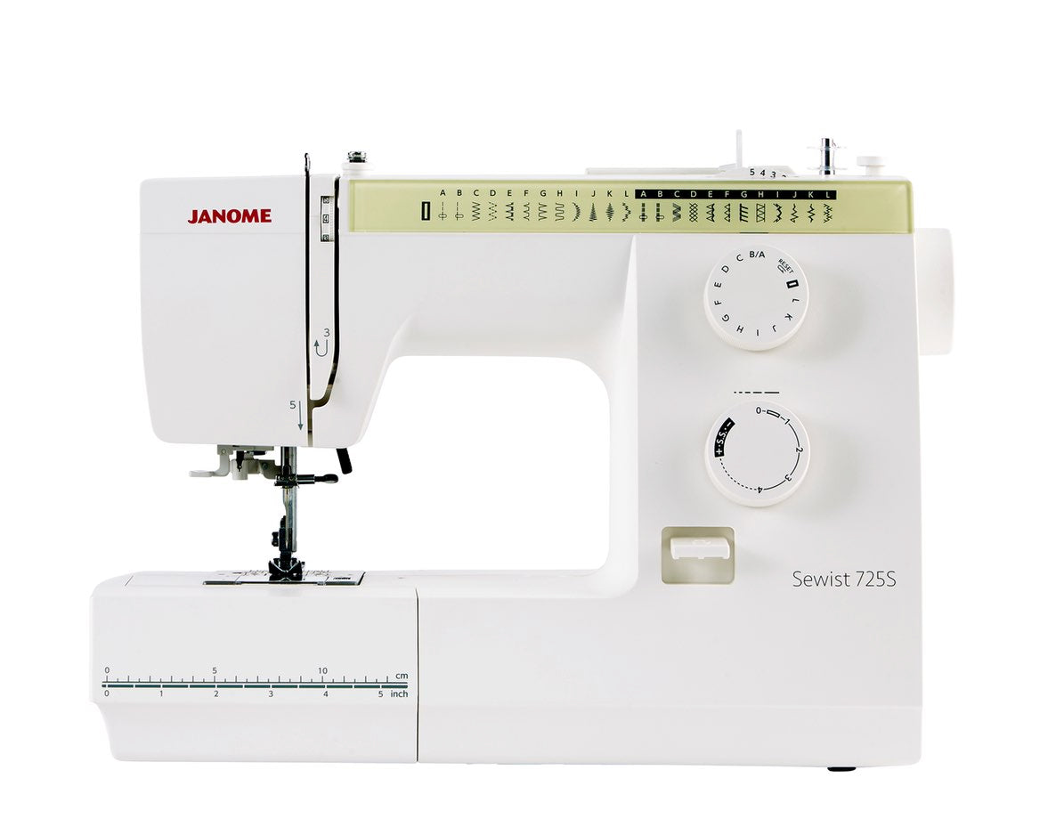 Janome Sewist 725S sewing and quilting machine, front view showcasing stitch selection panel, dials for stitch type and length, and the Sewist 725S model label.