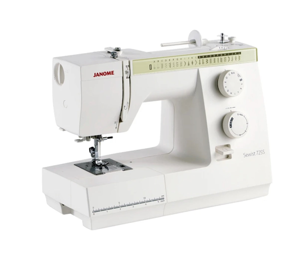 Angled view of the Janome Sewist 725S sewing machine, highlighting the stitch guide, selection dials, and the machine's sleek, modern design.