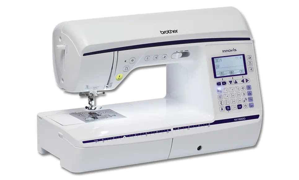 Brother Innov-is NV1800Q sewing and quilting machine displayed without the extension table, featuring a built-in LCD screen and comprehensive stitch selection panel.